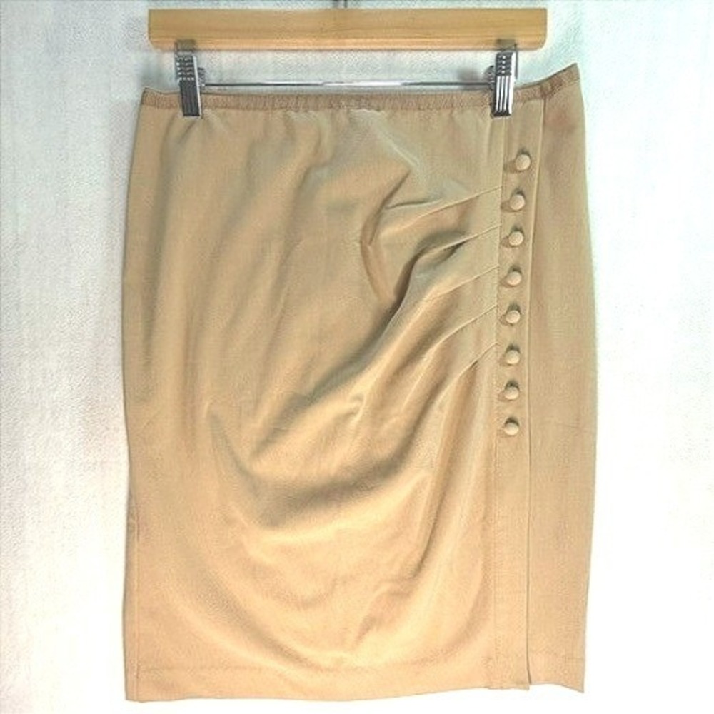 New York & Company Pencil Skirt Women 12 Tan Ruched Button Detail Stretch